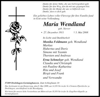 Traueranzeige von Maria Wendland von Tageszeitung
