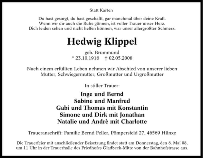  Traueranzeige für Hedwig Klippel vom 06.05.2008 aus Tageszeitung