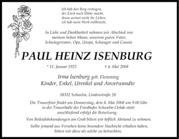 Traueranzeige von Paul Heinz Isenburg von Tageszeitung
