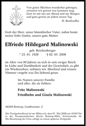 Traueranzeige von Elfriede Hildegard Malinowski von Tageszeitung