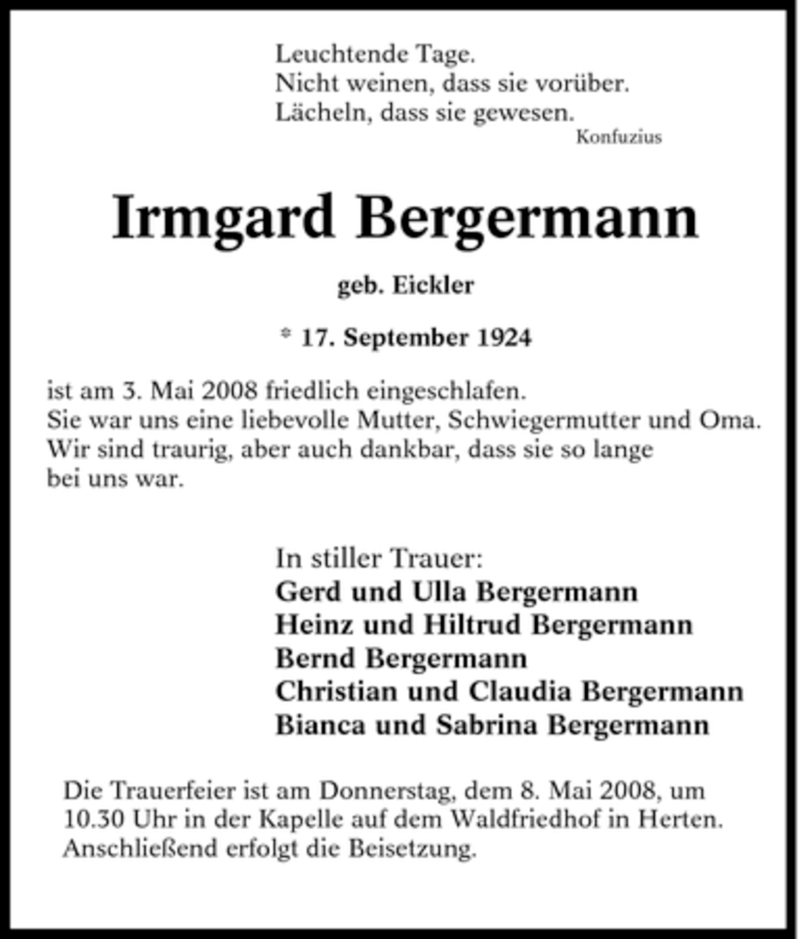  Traueranzeige für Irmgard Bergermann vom 06.05.2008 aus Tageszeitung