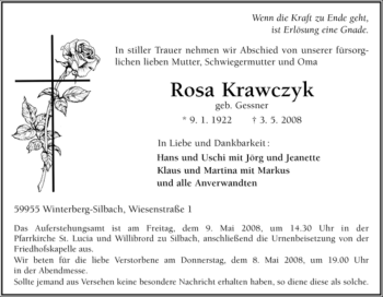 Traueranzeige von Rosa Krawczyk von Tageszeitung