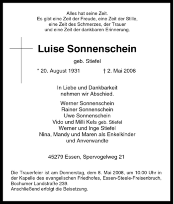 Traueranzeige von Luise Sonnenschein von Tageszeitung