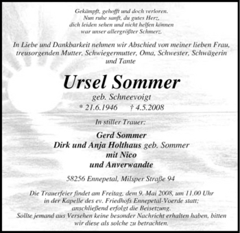 Traueranzeige von Ursel Sommer von Tageszeitung
