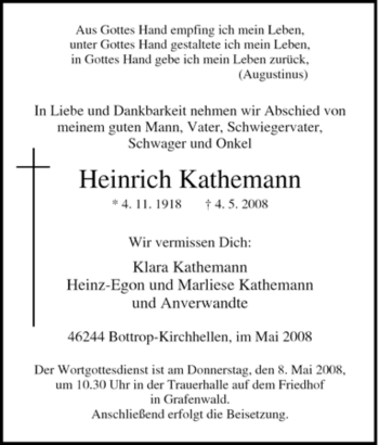 Traueranzeige von Heinrich Kathemann von Tageszeitung