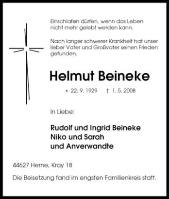 Traueranzeige von Helmut Beineke von Tageszeitung