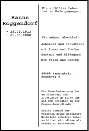 Traueranzeige von Hanns Roggendorf von Tageszeitung