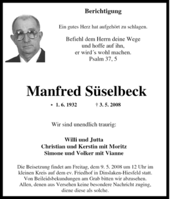 Traueranzeige von Manfred Süselbeck von Tageszeitung