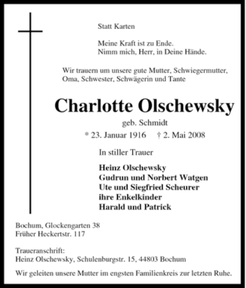 Traueranzeige von Charlotte Olschewsky von Tageszeitung