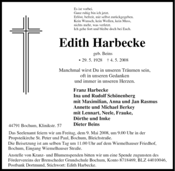 Traueranzeige von Edith Harbecke von Tageszeitung