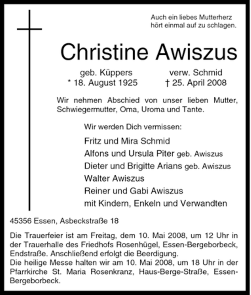  Traueranzeige für Christine Awiszus vom 07.05.2008 aus Tageszeitung