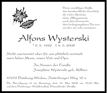 Traueranzeige von Alfons Wysterski von Tageszeitung