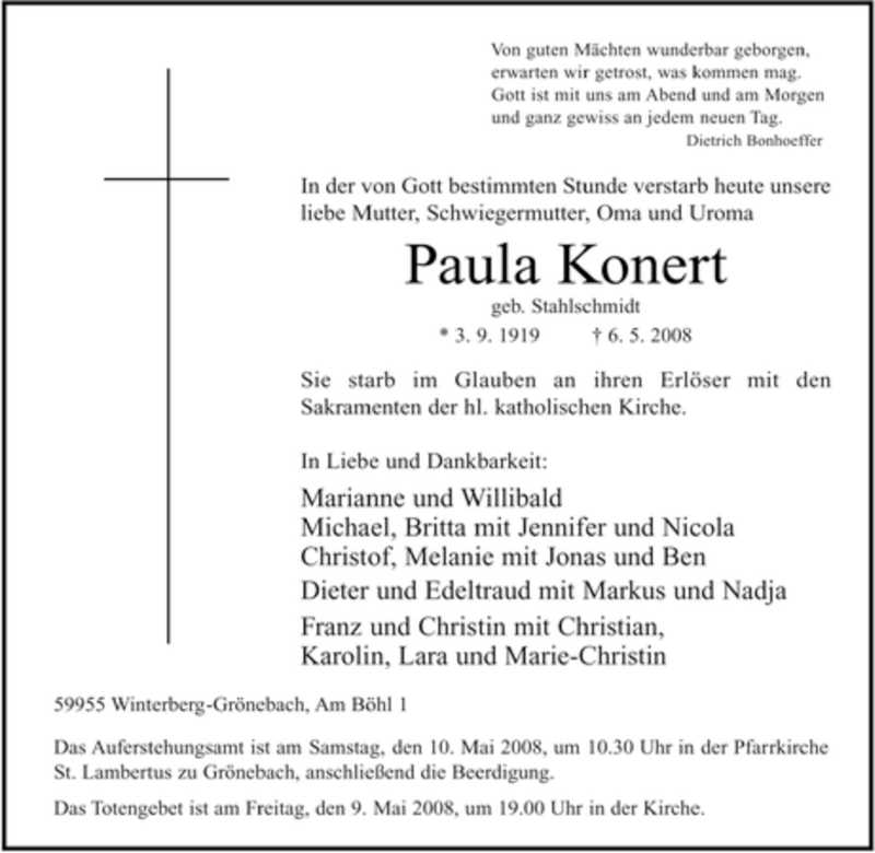  Traueranzeige für Paula Konert vom 07.05.2008 aus Tageszeitung
