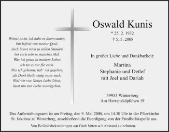 Traueranzeige von Oswald Kunis von Tageszeitung