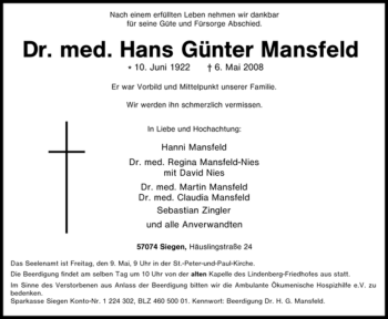 Traueranzeige von Hans Günter Mansfeld von Tageszeitung