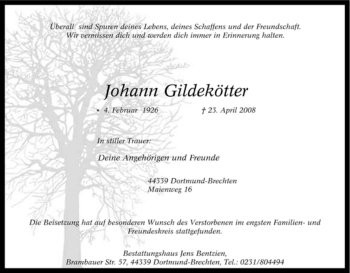 Traueranzeige von Johann Gildekötter von Tageszeitung