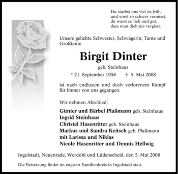 Traueranzeige von Birgit Dinter von Tageszeitung