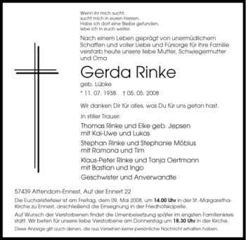 Traueranzeige von Gerda Rinke von Tageszeitung