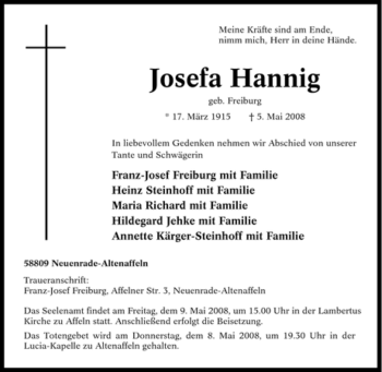 Traueranzeige von Josefa Hannig von Tageszeitung