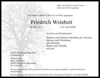 Traueranzeige von Friedrich Weisheit von Tageszeitung