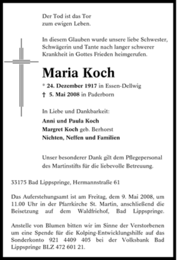 Traueranzeige von Maria Koch von Tageszeitung