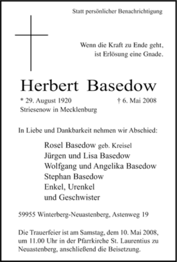 Traueranzeige von Herbert Basedow von Tageszeitung