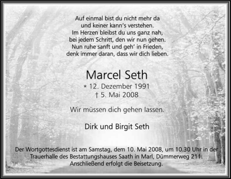  Traueranzeige für Marcel Seth vom 08.05.2008 aus Tageszeitung