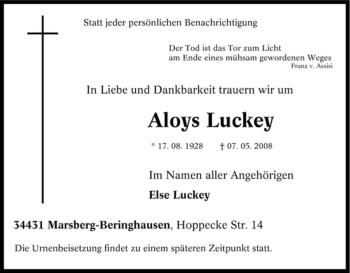 Traueranzeige von Aloys Luckey von Tageszeitung