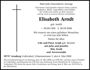 Traueranzeige von Elisabeth Arndt von Tageszeitung
