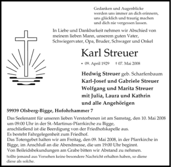 Traueranzeige von Karl Streuer von Tageszeitung