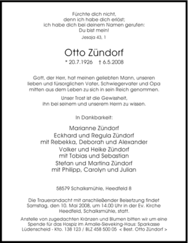  Traueranzeige für Otto Zündorf vom 08.05.2008 aus Tageszeitung