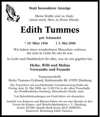 Traueranzeige von Edith Tummes von Tageszeitung