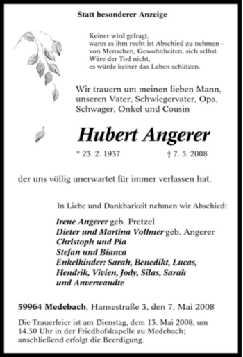Traueranzeige von Hubert Angerer von Tageszeitung