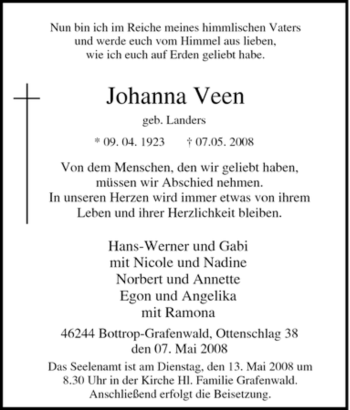 Traueranzeige von Johanna Veen von Tageszeitung