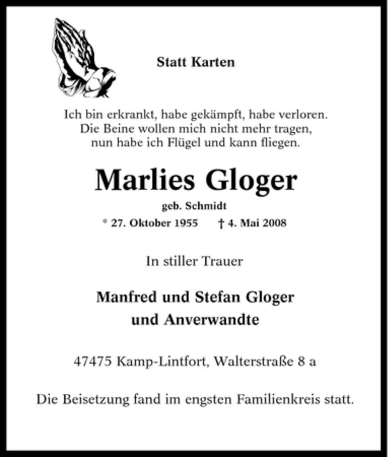  Traueranzeige für Marlies Gloger vom 09.05.2008 aus Tageszeitung