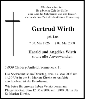 Traueranzeige von Gertrud Wirth von Tageszeitung