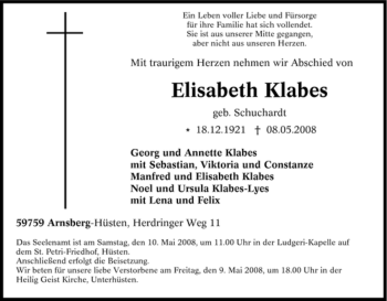 Traueranzeige von Elisabeth Klabes von Tageszeitung
