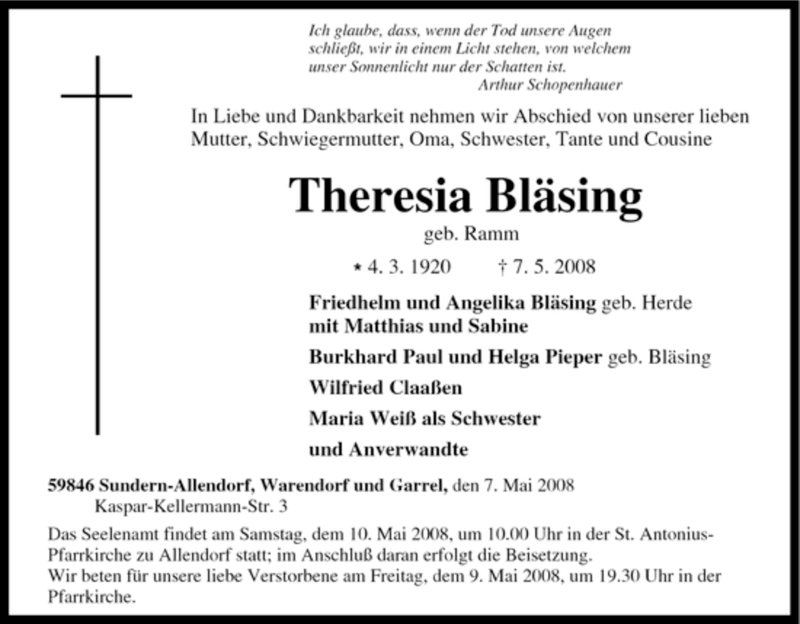  Traueranzeige für Theresia Bläsing vom 09.05.2008 aus Tageszeitung