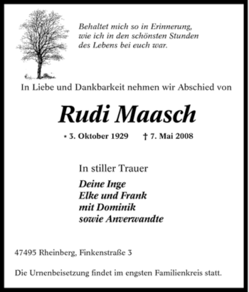 Traueranzeige von Rudi Maasch von Tageszeitung