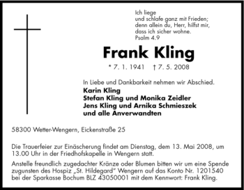 Traueranzeige von Frank Kling von Tageszeitung