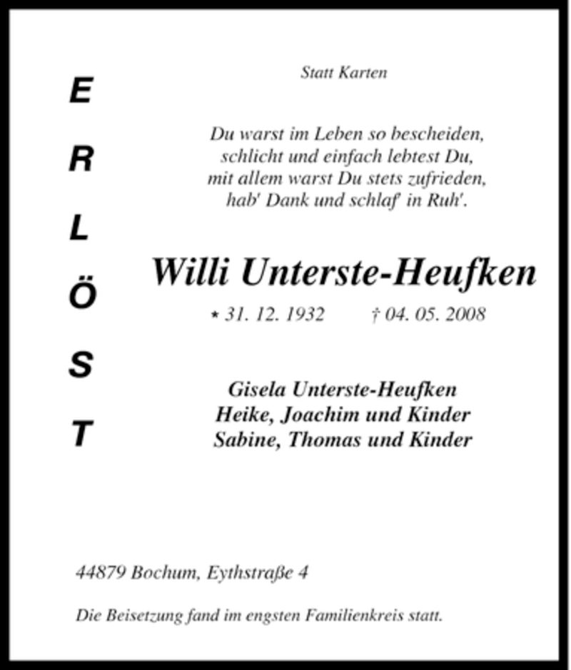  Traueranzeige für Willi Unterste-Heufken vom 10.05.2008 aus Tageszeitung