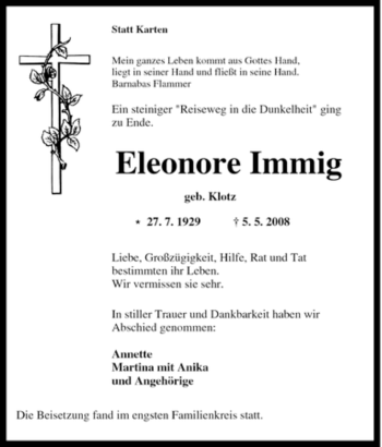 Traueranzeige von Eleonore Immig von Tageszeitung