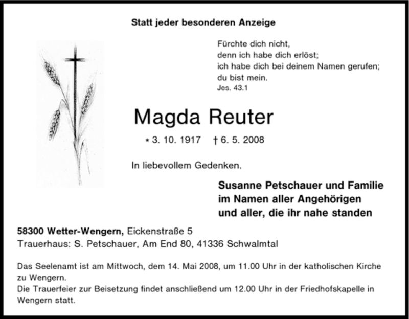  Traueranzeige für Magda Reuter vom 10.05.2008 aus Tageszeitung