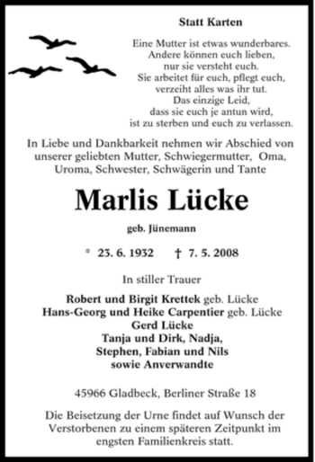 Traueranzeige von Marlis Lücke von Tageszeitung