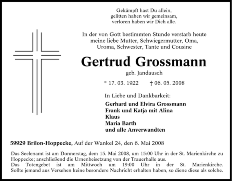  Traueranzeige für Gertrud Grossmann vom 10.05.2008 aus Tageszeitung