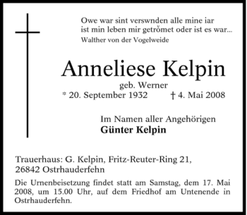 Traueranzeige von Anneliese Kelpin von Tageszeitung