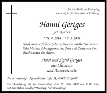 Traueranzeige von Hanni Gertges von Tageszeitung