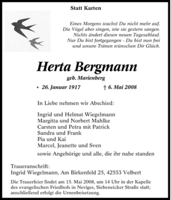 Traueranzeige von Herta Bergmann von Tageszeitung