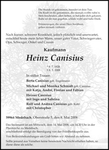 Traueranzeige von Heinz Canisius von Tageszeitung