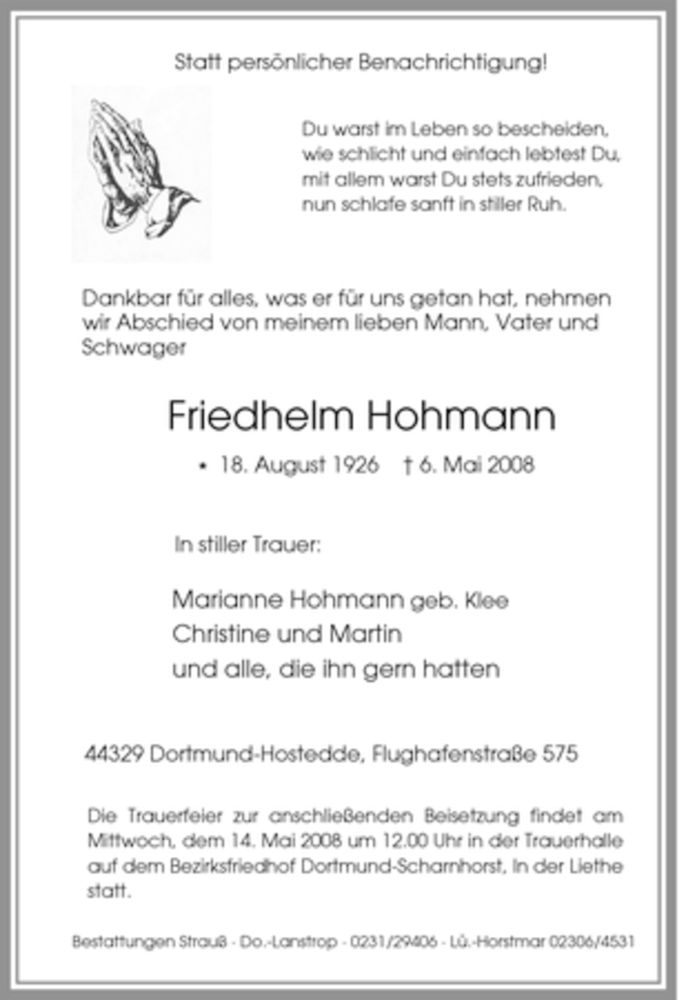  Traueranzeige für Friedhelm Hohmann vom 10.05.2008 aus Tageszeitung